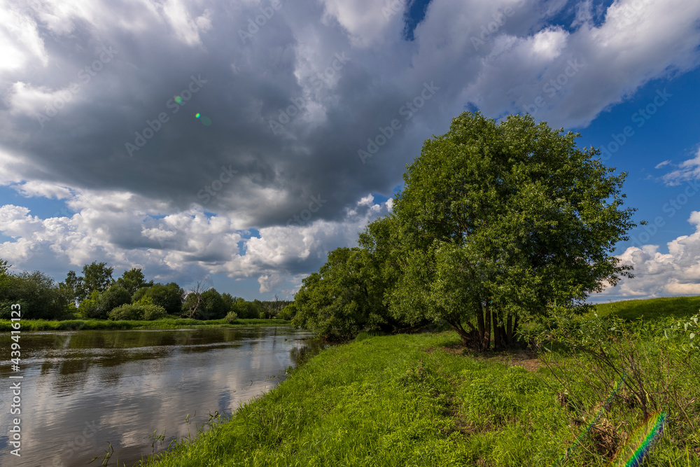 Large cloud over the river. Rural landscape. Bright green grass on the river bank. Summer landscape with a river, trees and bushes.
