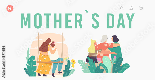 Mothers Day Landing Page Template. Loving Mother  Grandmother  Daughter and Granddaughter Family Characters Hugging