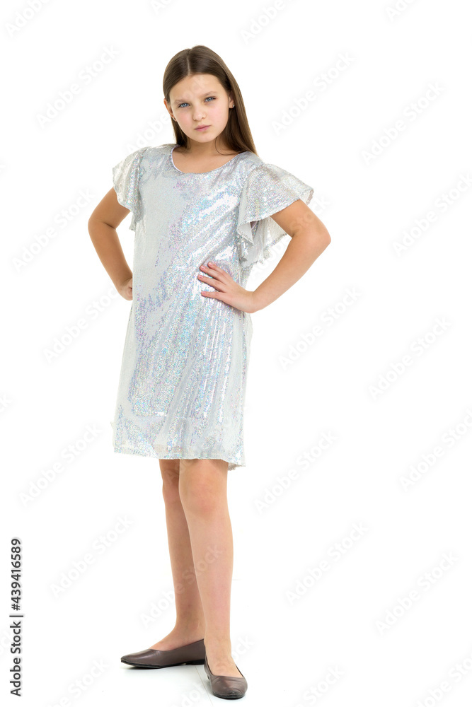 Beautiful long haired girl in shiny trendy dress Beautiful long haired girl in shiny trendy dress