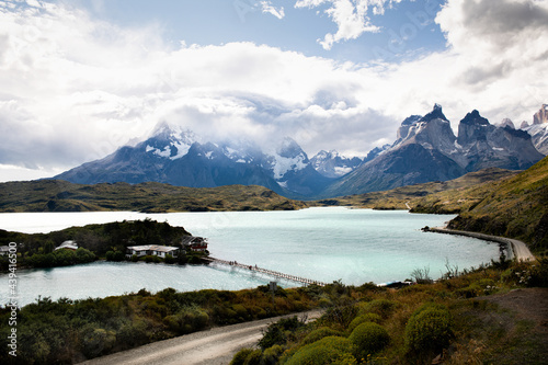 Torres del Paine National Park, Patagonia, Chile Beautiful mountain landscape with a beautiful lake with a jetty as a backdrop. Chile.
