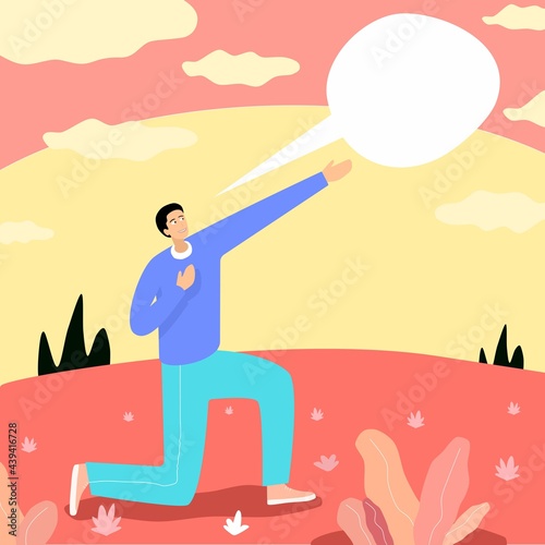 Man asks for help from God, vector illustration. Man kneels and smiles at the supreme being. Beautiful landscape, nature field, lawn. State of calm. Earth's circle on the horizon. Free space for text.