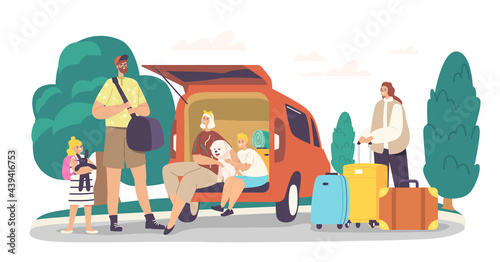 Happy Family Characters Sitting at Car Trunk with Dog Ready for Travel. Mother, Father and Excited Children with Pet
