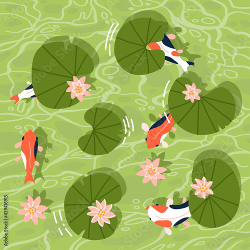 Top view of a Koi fishes or Asian carp swimming in a waterlily pond. Vector flat hand drawn illustration