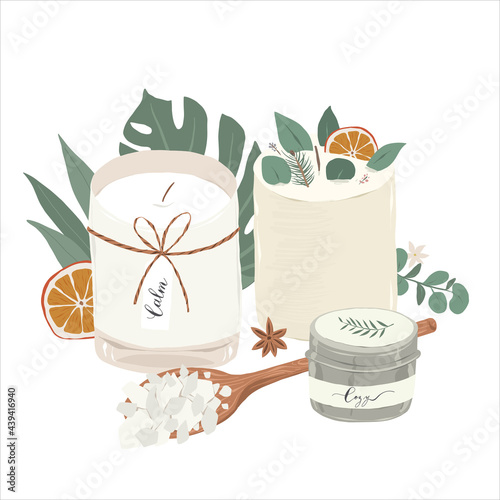 Scented candles with green branches, various aromatic candles in glass jars and metal tins decorated with plant leaves, soy wax flakes in spoon, aromatheraphy and selfcare concept