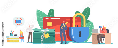 Tiny Male and Female Characters at Huge Blocked Credit Card and Lock on Money Pile. Payment Block in Supermarket