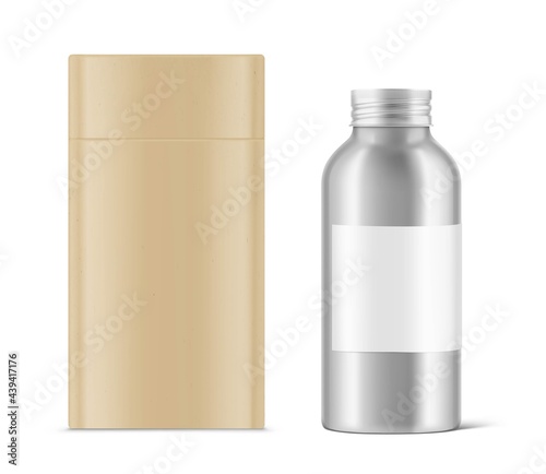 Hight realistic aluminum bottle mockup with kraft tube isolated on white background. Can be used for cosmetic, medical. Vector illustration. EPS10.	