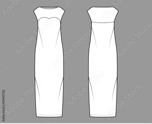 Dress column technical fashion illustration with long sleeves, sleeveless, fitted body, floor maxi length pencil skirt. Flat evening apparel front, back, white color style. Women men unisex CAD mockup