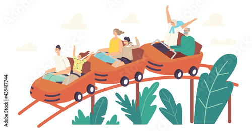 Characters Riding Roller Coaster in Amusement Park. Excited Young and Senior Men, Women and Kids at Rollercoaster Cars