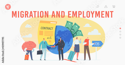 Work Migration and Employment, Drain Brain Landing Page Template. Tiny Businesspeople Characters Leaving Motherland