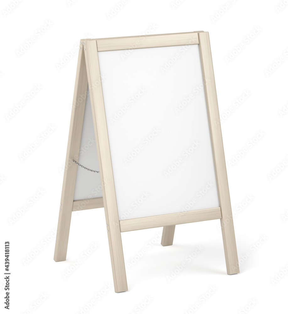 White advertising stand with wooden frame on white background White advertising stand with wooden frame on white background