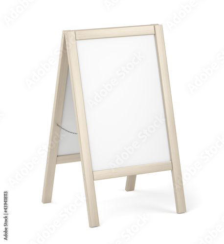 White advertising stand with wooden frame on white background