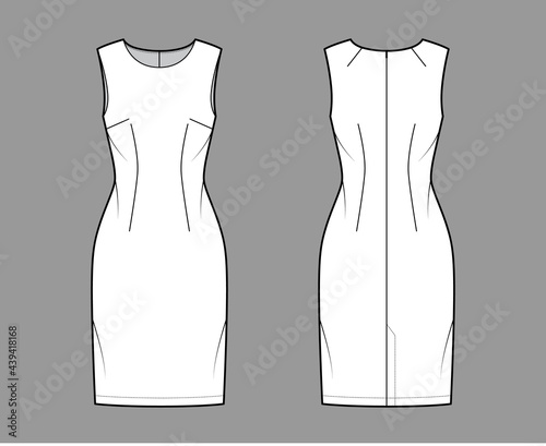 Dress sheath technical fashion illustration with sleeveless, fitted body, knee length pencil skirt. Flat apparel front, back, white color style. Women, men unisex CAD mockup