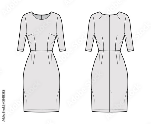 Dress sheath technical fashion illustration with natural waistline, elbow sleeves, fitted body, knee length pencil skirt. Flat apparel front, back, grey color style. Women, men unisex CAD mockup