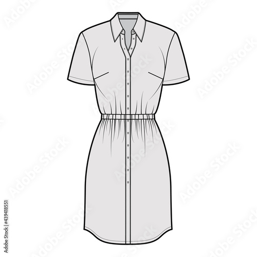 Dress shirt technical fashion illustration with gathered waist, short sleeves,, knee length pencil skirt, classic collar, button closure. Flat apparel front, grey color. Women, men unisex CAD mockup