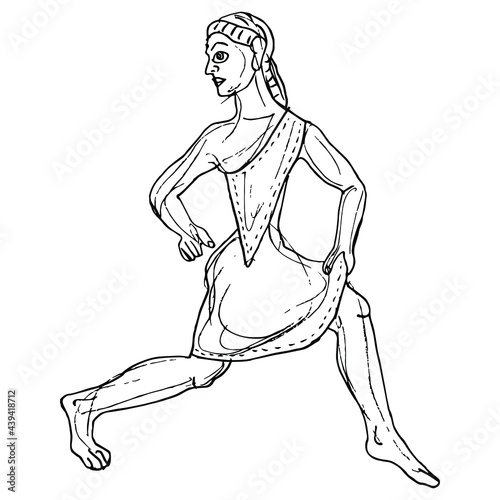 Running ancient Greek girl. Spartan lady in short chiton. Sportive Amazon woman in active pose. Hand drawn linear doodle rough sketch. Black silhouette on white background.