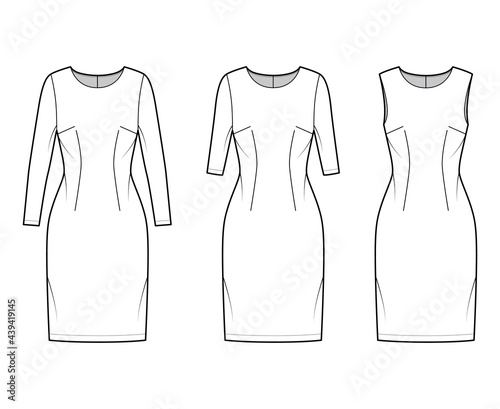 Set of Dresses sheath technical fashion illustration with long elbow short sleeves sleeveless, fitted body, knee length pencil skirt. Flat apparel front, white color style. Women men unisex CAD mockup