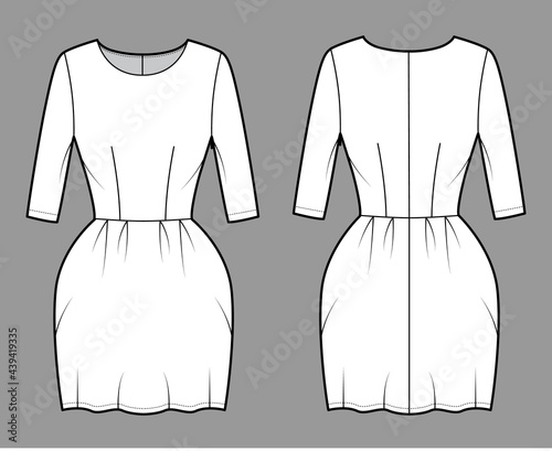 Dress bell technical fashion illustration with elbow sleeves, fitted body, mini length pencil skirt. Flat apparel front, back, white color style. Women, men unisex CAD mockup