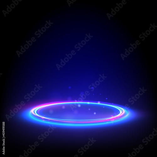 Glow neon circle. Blue glowing ring on floor. Abstract hi-tech background for display product. template.