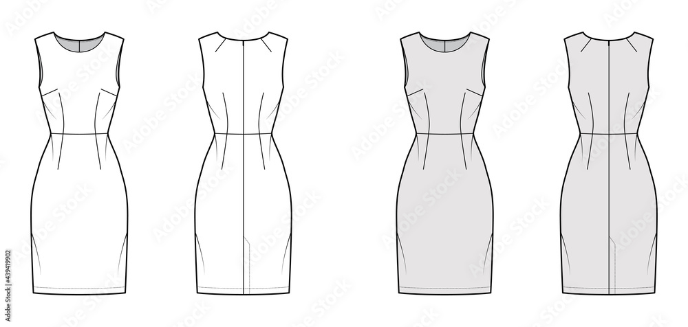 Dress sheath technical fashion illustration with sleeveless, natural waistline, fitted body, knee length pencil skirt. Flat apparel front, back, white, grey color style. Women, men unisex CAD mockup Dress sheath technical fashion illustration with sleeveless, natural waistline, fitted body, knee length pencil skirt. Flat apparel front, back, white, grey color style. Women, men unisex CAD mockup