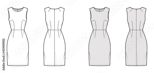 Dress sheath technical fashion illustration with sleeveless, natural waistline, fitted body, knee length pencil skirt. Flat apparel front, back, white, grey color style. Women, men unisex CAD mockup