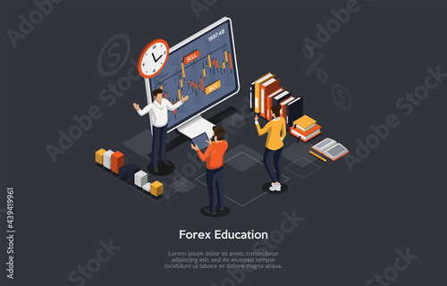 Forex Business Education, Prediction And Trading Skills Concept Design. Vector Illustration In Cartoon 3D Style On Dark Background. People Stand Near Computer. Interface Of Special Program On Screen