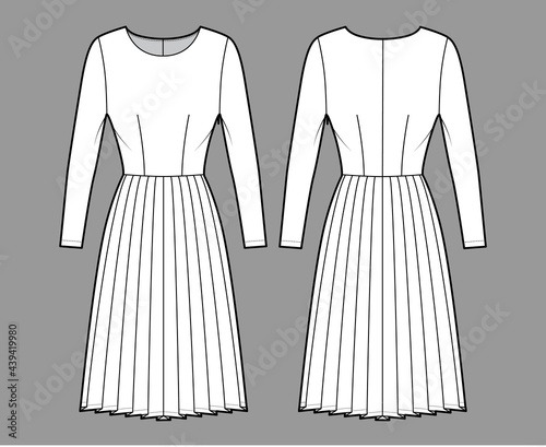 Dress pleated technical fashion illustration with long sleeves, fitted body, knee length skirt. Flat apparel front, back, white color style. Women, men unisex CAD mockup