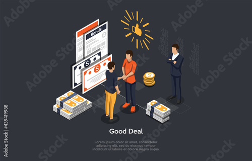 Good Successful Business Deal, Profitable Agreement Concept Design. Vector Illustration In Cartoon 3D Style On Dark Background. Two People Shaking Hands, Documents And Money Infographic Objects Near