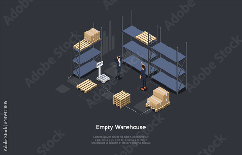 Vector Illustration With People And Objects. Isometric Composition, Cartoon 3D Style, Text. Empty Warehouse, Store Without Products On Shelves. Two People Standing Shoked. Few Cardboard Boxes Around