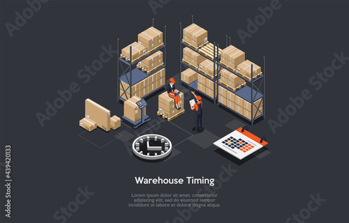 Conceptual Art Of Warehouse Timing With Two Characters. Isometric Vector Composition, Cartoon 3D Style Illustration. Shelves With Cardboard Parcels, Infographic Elements Around. Storehouse Trading