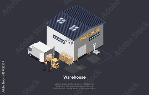 Vector Illustration. Warehouse World Marketing Building, Storehouse, People Working, Truck Loading. Product Store, Successful International Trade. 3D Composition, Isometry, Cartoon Style And Writings