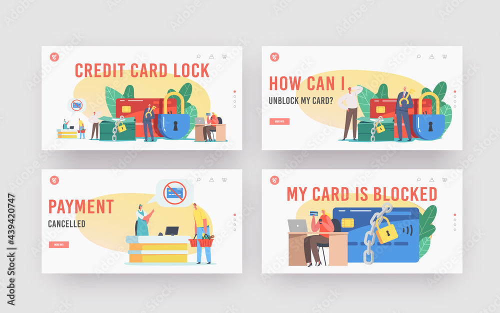 Bank Ban Landing Page Template Set. Tiny Characters at Huge Blocked Credit Card and Lock on Money. Payment Block