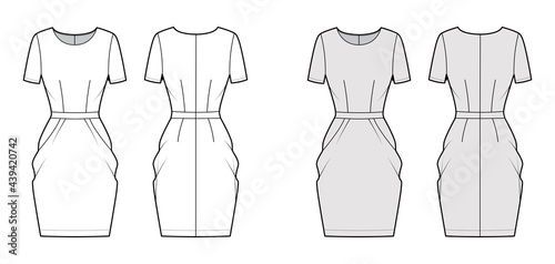Dress tulip technical fashion illustration with short sleeves, fitted body, knee length peg-top pencil skirt. Flat apparel front, back, white, grey color style. Women, men unisex CAD mockup