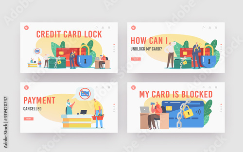 Bank Ban Landing Page Template Set. Tiny Characters at Huge Blocked Credit Card and Lock on Money. Payment Block