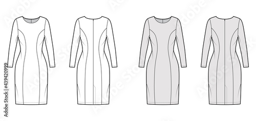 Dress princess line technical fashion illustration with long sleeve, fitted body, knee length pencil skirt. Flat apparel front, back, white, grey color style. Women, men unisex CAD mockup