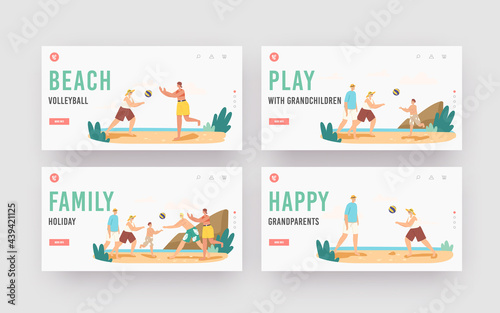 Family Holiday Landing Page Template Set. Grandparents, Parents and Child Play Beach Volleyball. Happy Characters Game