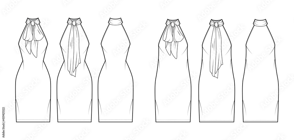 Set of Dresses neck bow technical fashion illustration with halter neckline, sleeveless, oversized fitted body, knee length pencil skirt. Flat apparel front, back, white color style. Women, CAD mockup Set of Dresses neck bow technical fashion illustration with halter neckline, sleeveless, oversized fitted body, knee length pencil skirt. Flat apparel front, back, white color style. Women, CAD mockup
