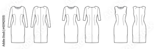Set of Dresses sheath technical fashion illustration with long elbow short sleeves sleeveless, fitted body, knee length pencil skirt. Flat apparel front, back, white color style. Women, men unisex CAD
