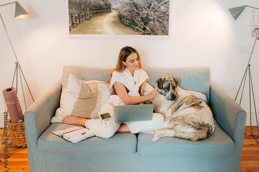 Woman petting her dog while working at home Woman petting her dog while working at home