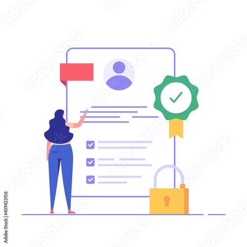 Terms and conditions concept. Woman reading document, protecting personal data, checking documents. Concept of account security, privacy policy, user agreement. Vector illustration in flat design