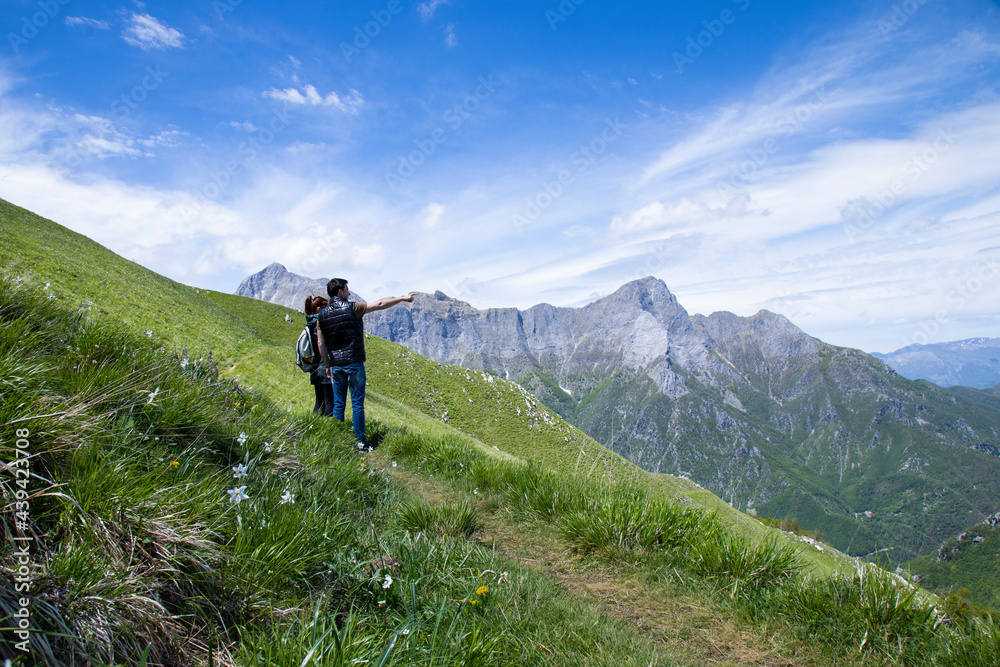 pair of man and woman in flowered mountains of Italian Alps look into the distance