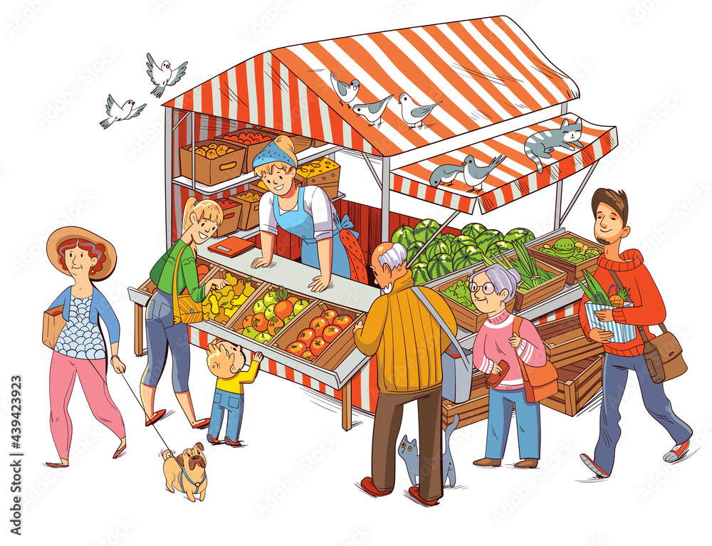 People buying vegetables and fruits at street market. Funny cartoon  character Stock Vector | Adobe Stock
