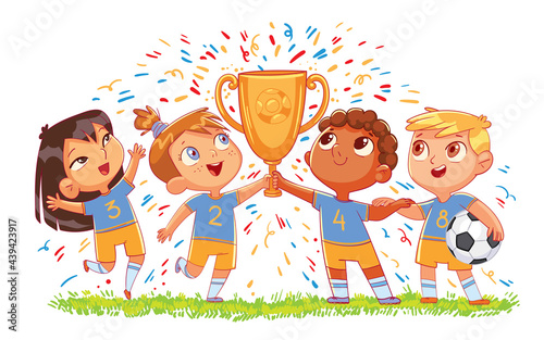 Children soccer team hold gold cup. Funny cartoon character