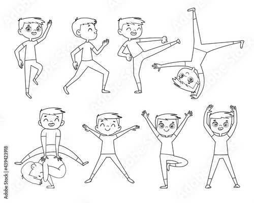 Little boy doing physical exercises. Outline drawing