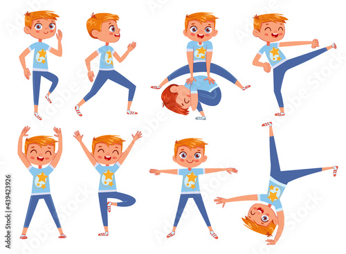 Cut little boy doing physical exercises. Funny cartoon character