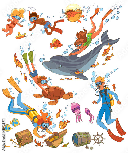 Diving and snorkeling. Underwater life. Set