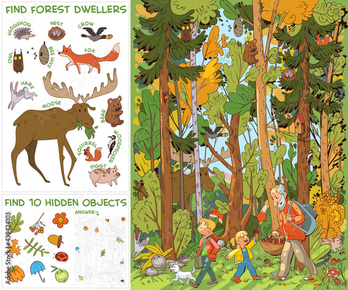 People and dog go to forest for mushrooms. Find all animals in picture. Find 10 hidden objects. Puzzle Hidden Items photo