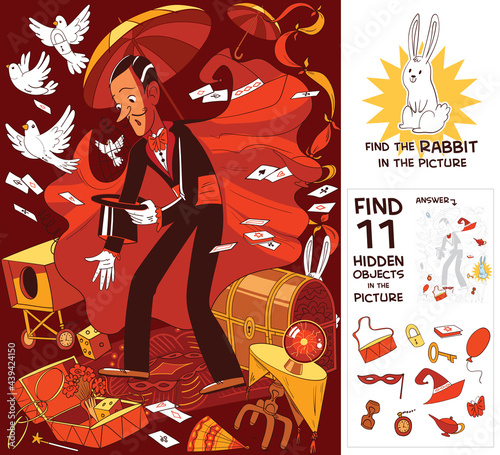 Magician. Find 11 hidden objects in the picture. Puzzle Hidden Items