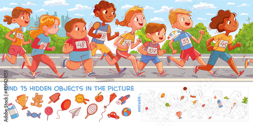 Children run marathon. Find 15 hidden objects. Puzzle Hidden Items