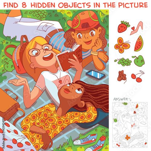 Girls lying on the grass in the park. Find 8 hidden objects in the picture