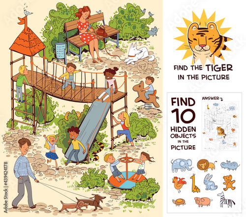 Children in the playground. Find 10 hidden objects in the picture